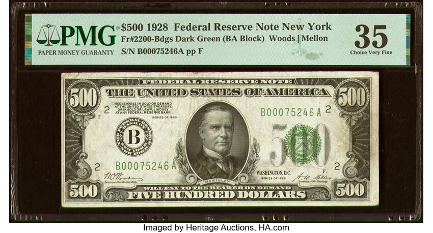 image for: Fr. 2200-B $500 1928 Federal Reserve Note. PMG Choice Very Fine 35....