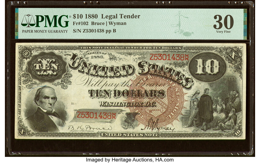 image for: Fr. 102 $10 1880 Legal Tender PMG Very Fine 30....