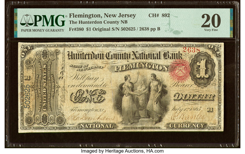 image for: Flemington, NJ - $1 Original Fr. 380 The Hunterdon County National Bank Ch. # 892 PMG Very Fine 20....