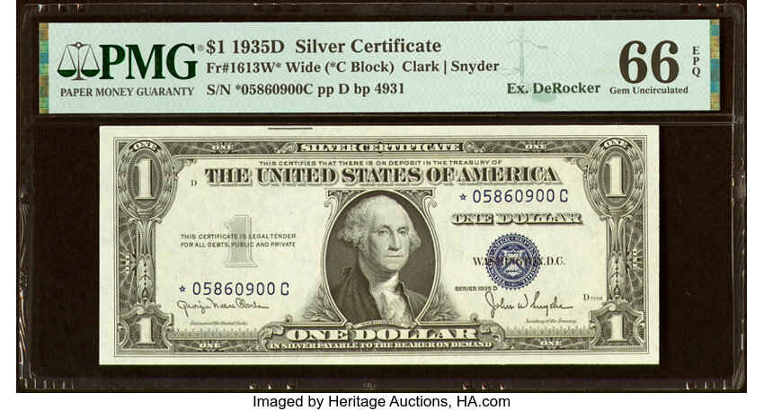 image for: Fr. 1613W* $1 1935D Wide Silver Certificate Star Note. *-C Block. PMG Gem Uncirculated 66 EPQ....