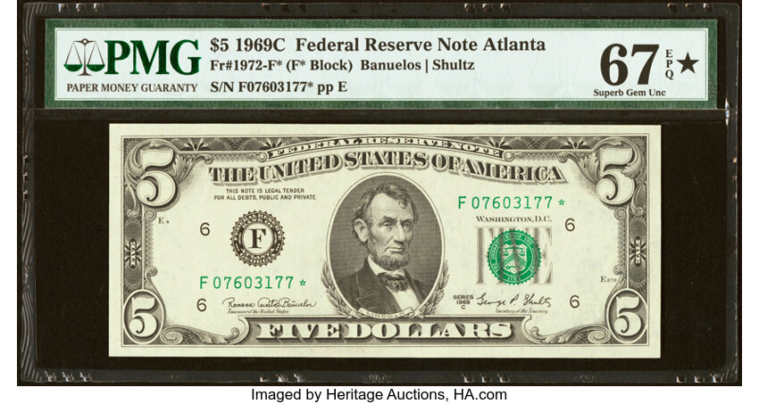 image for: Fr. 1972-F* $5 1969C Federal Reserve Star Note. PMG Superb Gem Unc 67 EPQ*....