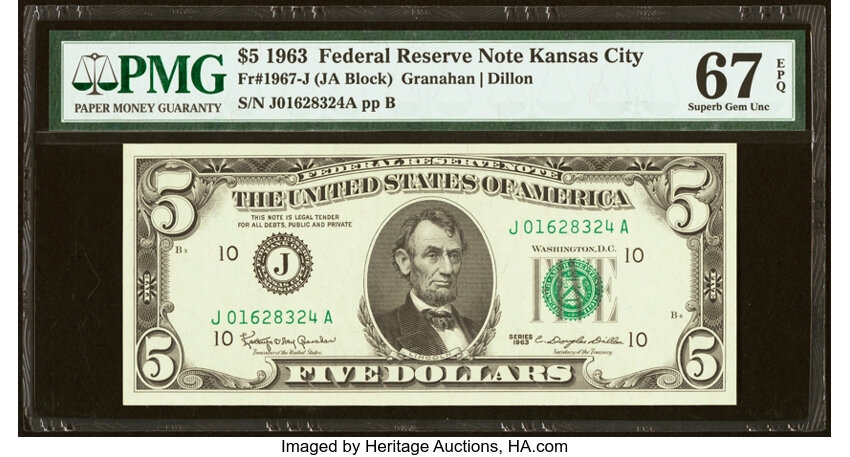 image for: Fr. 1967-J $5 1963 Federal Reserve Note. PMG Superb Gem Unc 67 EPQ....