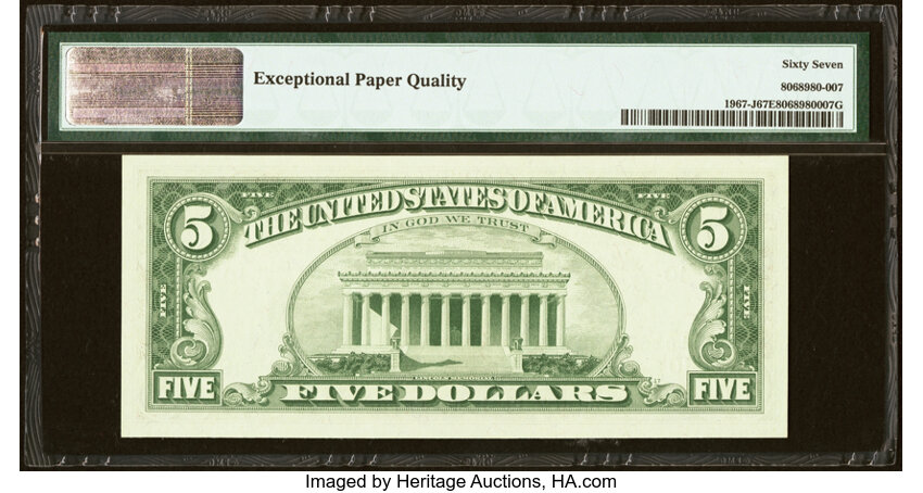 image for: Fr. 1967-J $5 1963 Federal Reserve Note. PMG Superb Gem Unc 67 EPQ....
