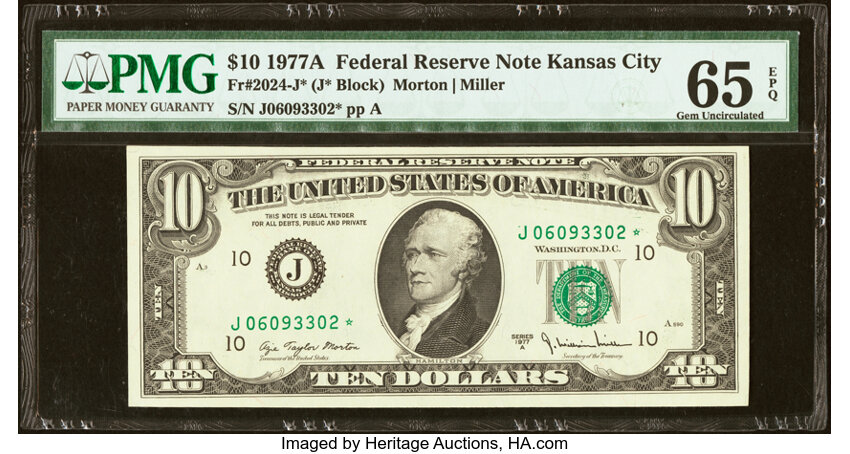image for: Fr. 2024-J* $10 1977A Federal Reserve Star Note. PMG Gem Uncirculated 65 EPQ....