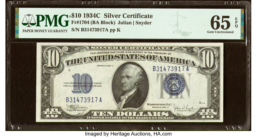 image for: Fr. 1704 $10 1934C Silver Certificate. PMG Gem Uncirculated 65 EPQ....