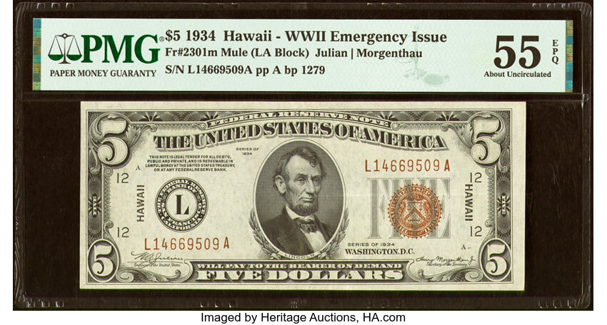 image for: Fr. 2301 $5 1934 Mule Hawaii Federal Reserve Note. PMG About Uncirculated 55 EPQ....
