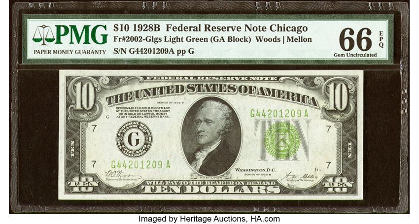image for: Fr. 2002-G $10 1928B Light Green Seal Federal Reserve Note. PMG Gem Uncirculated 66 EPQ....