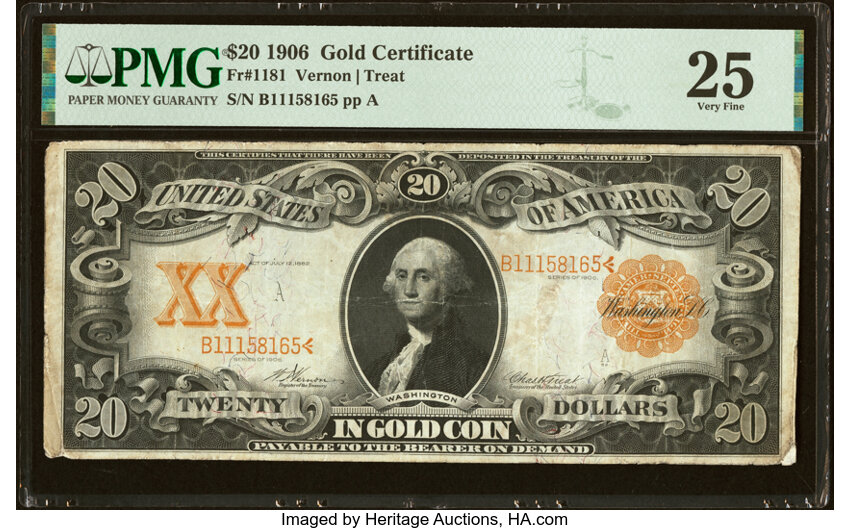 image for: Fr. 1181 $20 1906 Gold Certificate PMG Very Fine 25....