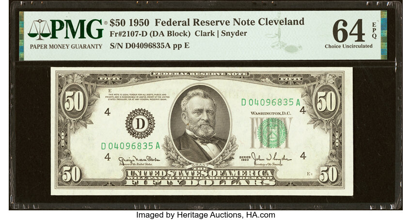image for: Fr. 2107-D $50 1950 Federal Reserve Note. PMG Choice Uncirculated 64 EPQ....