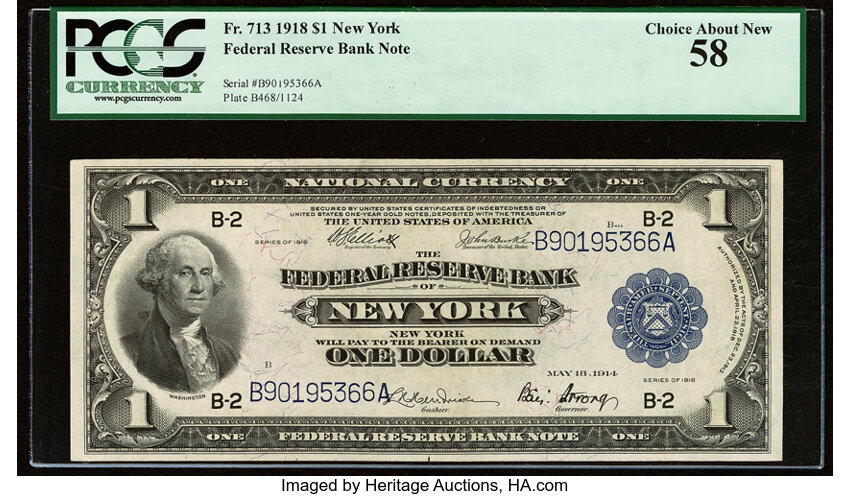 image for: Fr. 713 $1 1918 Federal Reserve Bank Note PCGS Choice About New 58....