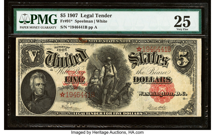 image for: Fr. 91* $5 1907 Legal Tender PMG Very Fine 25....