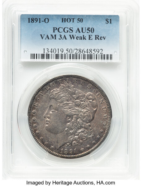 image for: 1891-O $1 Weak E Reverse Clash, VAM-3A1, AU50 PCGS. A Hot 50 variety. PCGS Population: 11 in 50, 35 finer (9/25). CDN: ...