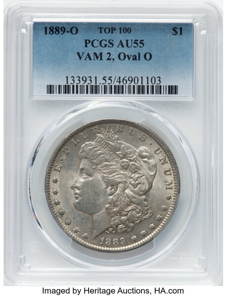 image for: 1889-O $1 Oval O, VAM-2, AU55 PCGS. A Top 100 variety. PCGS Population: 16 in 55, 44 finer (9/25). CDN: $130 Whsle. Bid for...