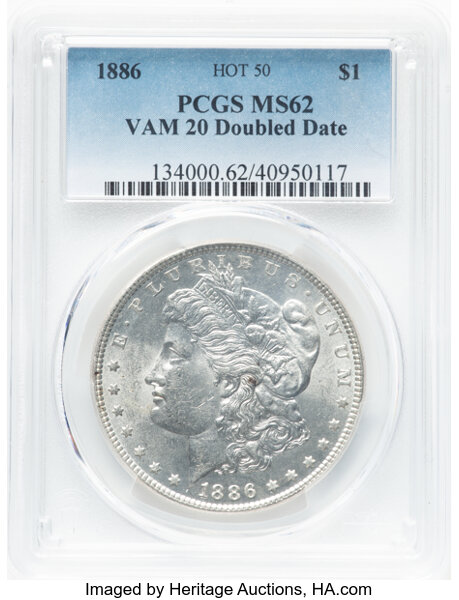 image for: 1886 $1 Doubled Date, VAM-20, MS62 PCGS. A Hot 50 variety. PCGS Population: 7 in 62, 19 finer (9/25). CDN: $820 Whsle. Bid ...