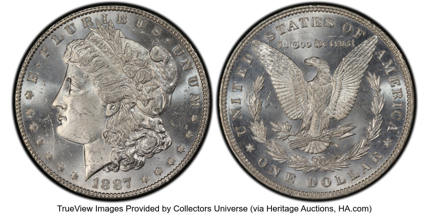 image for: 1887/6 $1 VAM-2, MS63 Prooflike PCGS. CAC. A Top 100 Variety. PCGS Population: (3/5 and 0/1+). CAC Population: (1/0)....
