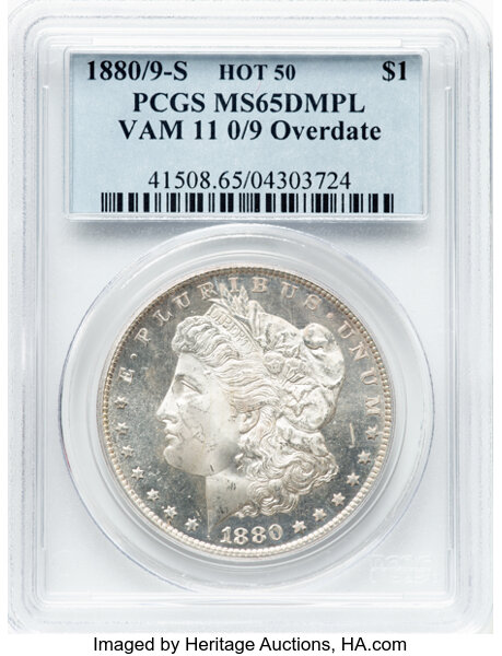 image for: 1880/9-S $1 VAM-11, MS65 Deep Mirror Prooflike PCGS. A Hot 50 Variety. PCGS Population: (9/5)....