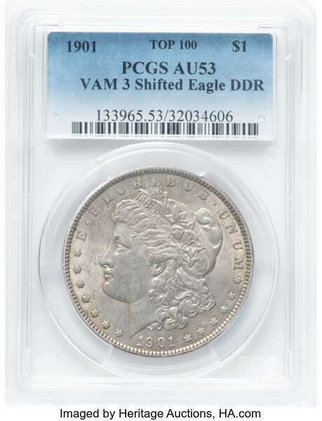 image for: 1901 $1 Doubled Die Reverse, Shifted Eagle, VAM-3, AU53 PCGS. A Top 100 variety. PCGS Population: (9/24)....