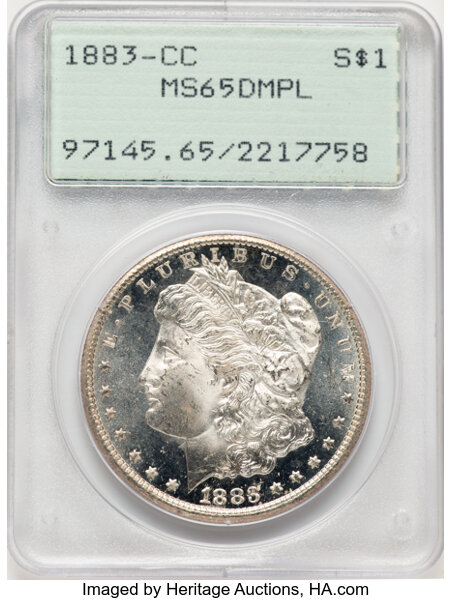 1883-CC $1 MS65 Deep Mirror Prooflike PCGS. VAM-5A. Housed in a Generation 1.2 "rattler" holder. CDN: $1,350 Whsle. Bid for...