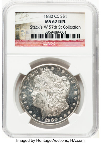 image for: 1880-CC $1 8 Over Low 7, VAM-6, MS62 Deep Prooflike NGC. VAM-6. Ex: Stack W 57th St. Collection. A Top 100 Variety. CDN: $1...
