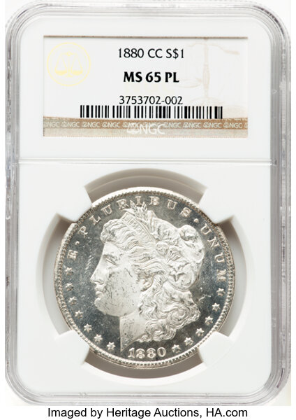 image for: 1880-CC $1 8 Over Low 7, VAM-6, MS65 Prooflike NGC. A Top 100 Variety. CDN: $1,800 Whsle. Bid for NGC/PCGS MS65. Mintage 59...