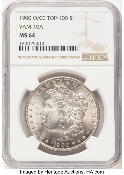 image for: 1900-O/CC $1 VAM-10A MS64 NGC. A Top 100 Variety. NGC Census: 2 in 64 (1 in 64+), 0 finer (10/25). CDN: $1,600 Whsle. Bid f...