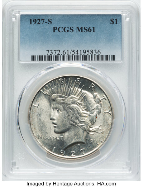1927-S $1 MS61 PCGS. Mintage 866,000. ...