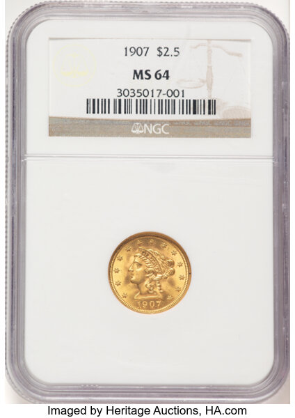 1907 $2 1/2 MS64 NGC. CDN: $690.69 Whsle. Bid for NGC/PCGS MS64. Mintage 336,200. ...