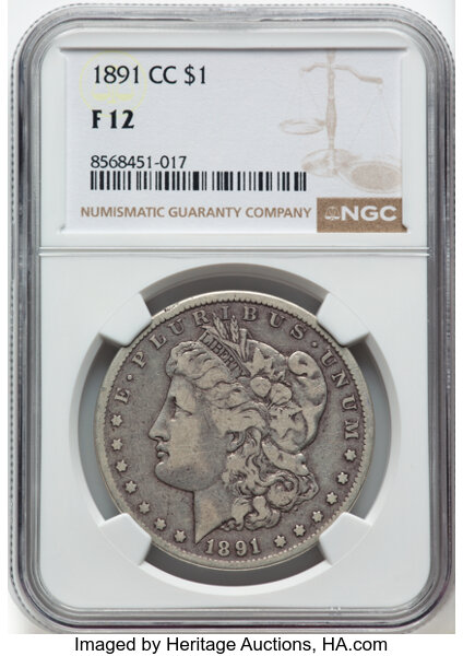 1891-CC $1 Fine 12 NGC. Mintage 1,618,000. ...