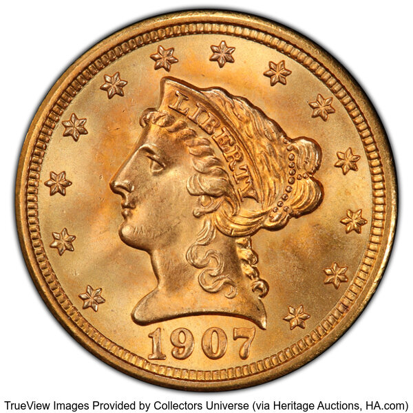 1907 $2 1/2 MS66+ PCGS. CDN: $990 Whsle. Bid for NGC/PCGS MS66. Mintage 336,200. ...