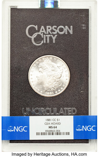 1881-CC $1 GSA MS64 NGC. Box and COA Included. CDN: $780 Whsle. Bid for NGC/PCGS MS64. Mintage 296,000....