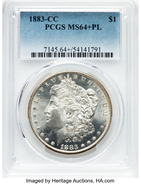 1883-CC $1 MS64+ Prooflike PCGS. CDN: $440 Whsle. Bid for NGC/PCGS MS64. Mintage 1,204,000. ...