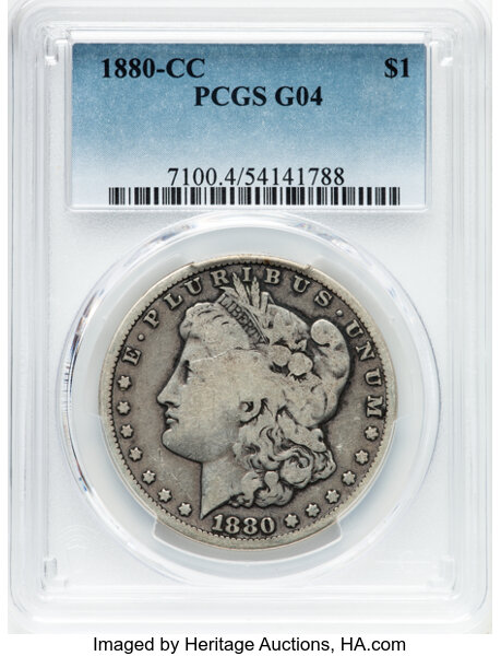 1880-CC $1 Good 4 PCGS. PCGS Population: 55 in 4, 17183 finer (10/25). CDN: $150 Whsle. Bid for NGC/PCGS Good 4 . Mintage 5...