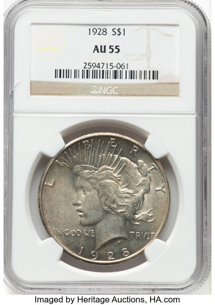 1928 $1 AU55 NGC. CDN: $300 Whsle. Bid for NGC/PCGS AU55. Mintage 360,649. ...