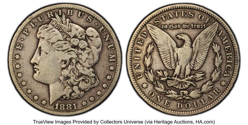 1881-CC $1 Fine 15 PCGS. PCGS Population: 78 in 15, 26235 finer (10/25). CDN: $330 Whsle. Bid for NGC/PCGS Fine 15. Mintage...