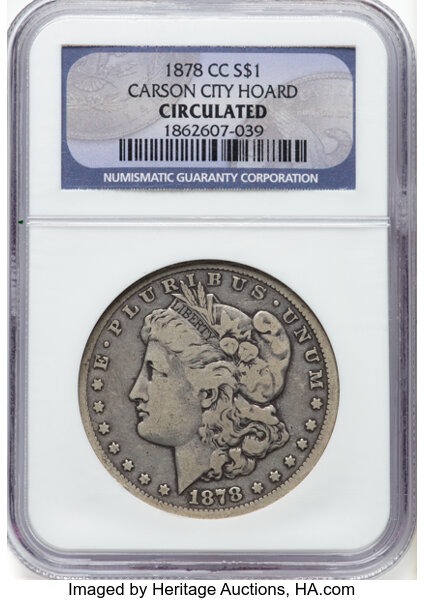 1878-CC $1 NGC Circulated. Ex: Carson City Hoard. CDN: $325 Whsle. Bid for NGC/PCGS MS60. Mintage 2,212,000....