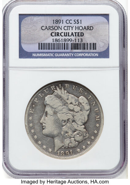 1891-CC $1 NGC Circulated. VG8. Ex: Carson City Hoard. CDN: $630 Whsle. Bid for NGC/PCGS MS60. Mintage 1,618,000....