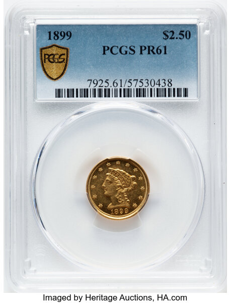 image for: 1899 $2 1/2 JD-1, R.4, PR61 PCGS. The clean appearance of this visually appealing proof is slightly impacted when viewed un...