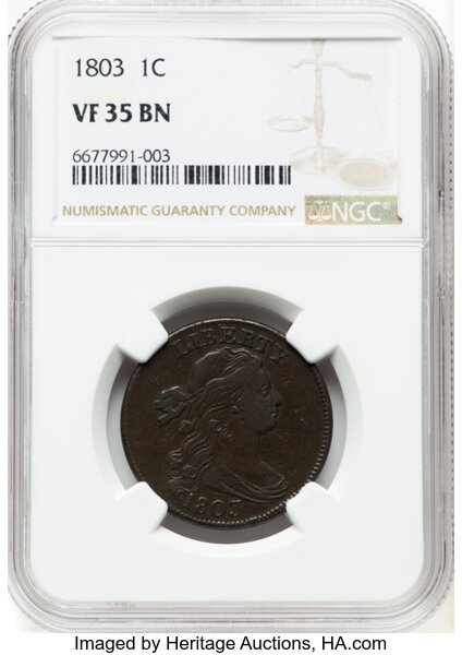 image for: 1803 1C 1/000, S-249, B-7, R.2, VF35 Brown NGC. CDN: $1,600 Whsle. Bid for NGC/PCGS VF35. Mintage 3,131,691....