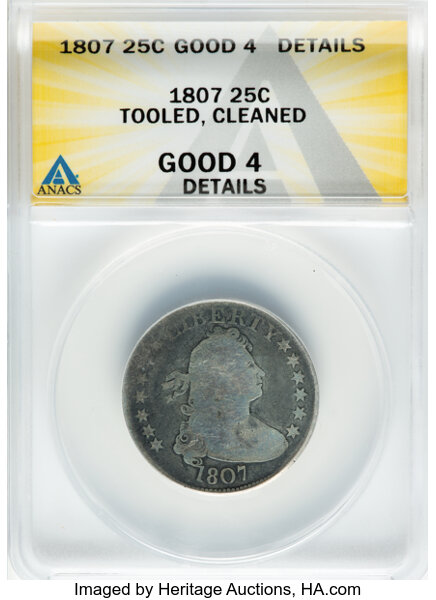 image for: 1807 25C B-2, R.3 -- Tooled, Cleaned -- ANACS Details. Good 4.  Mintage 220,643....