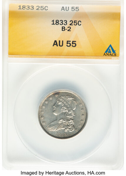 image for: 1833 25C B-2, FS-901, R.2, AU55 ANACS.  Mintage 156,000....