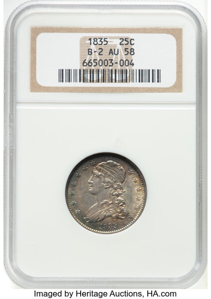 image for: 1835 25C B-2, R.2, AU58 NGC. NGC Census: 1 in 58, 2 finer (10/25). CDN: $1,250 Whsle. Bid for NGC/PCGS AU58. Mintage 1,952,...
