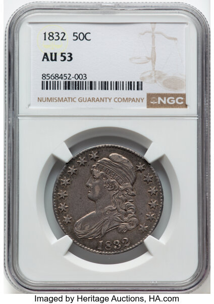 image for: 1832 50C Small Letters, O-103, R.1, AU53 NGC.  Mintage 4,797,000....