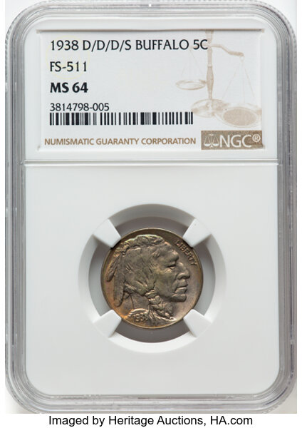 image for: 1938-D/D/D/S 5C Buffalo FS-511 MS64 NGC. NGC Census: (24/143).  Mintage 7,020,000....