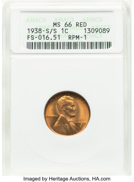 image for: 1938-S/S 1C Repunched Mintmark, FS-501, MS66 Red ANACS. FS-016.51. Housed in a small-sized holder....