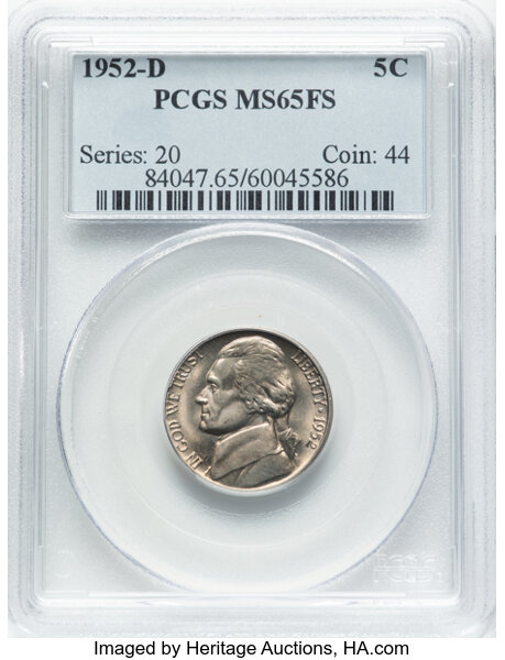 image for: 1952-D 5C MS65 Full Steps PCGS. PCGS Population: 73 in 65 (2 in 65+), 98 finer (10/25). CDN: $70 Whsle. Bid for NGC/PCGS MS...