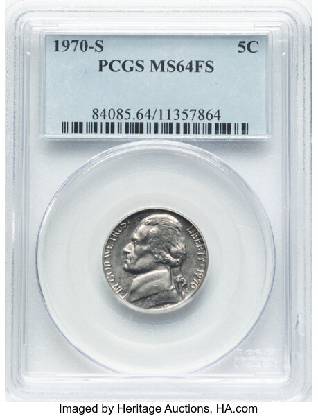 image for: 1970-S 5C MS64 Full Steps PCGS. PCGS Population: 49 in 64 (2 in 64+), 53 finer (10/25). CDN: $80 Whsle. Bid for NGC/PCGS MS...
