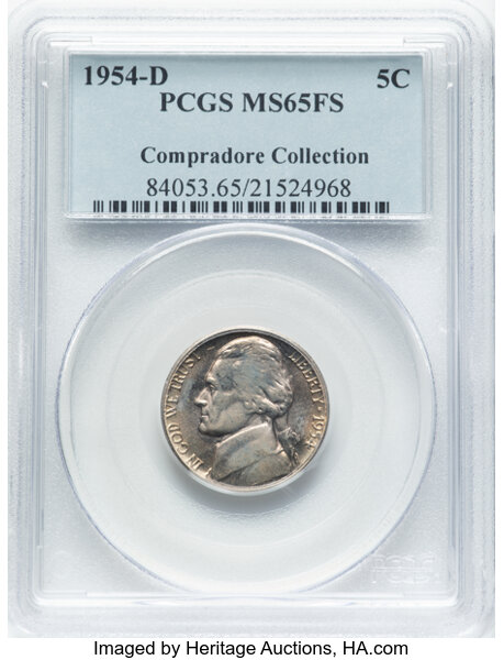 image for: 1954-D 5C MS65 Full Steps PCGS. Ex: Compradore Collection. PCGS Population: 33 in 65 (1 in 65+), 10 finer (10/25). CDN: $70...