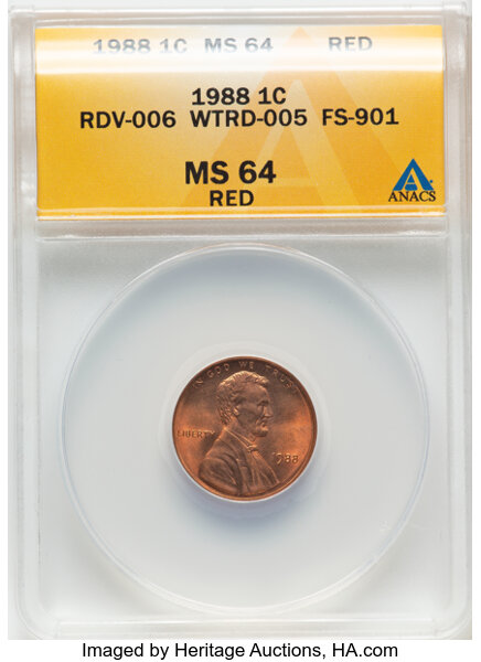 image for: 1988 1C Wide AM, WTRD-005, FS-901, MS64 Red ANACS. RDV-006....