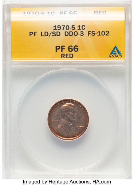 image for: 1970-S 1C Large Date Over Small Date, Double Die Obverse 3, FS-102, PR66 Red ANACS.  Mintage 2,632,810....