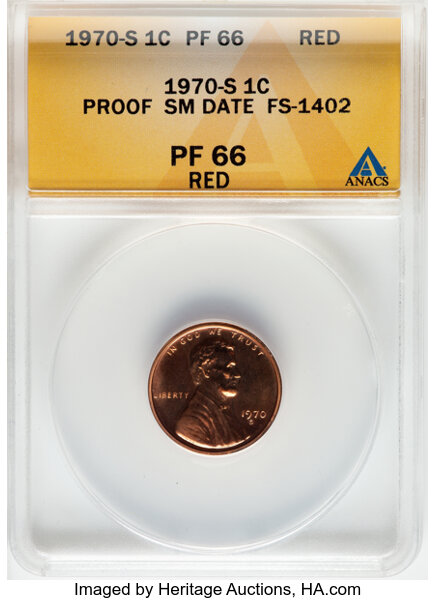 image for: 1970-S 1C Small Date, FS-1402, PR66 Red ANACS.  Mintage 2,632,810. ...